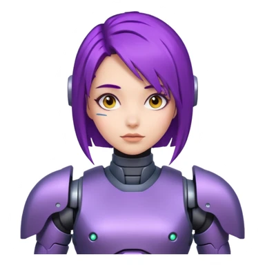A woman with purple hair and a robot armor sticker