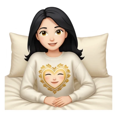 A woman with shoulder-length black hair, light to medium skin tone, full cheeks, and almond-shaped eyes, wearing a white sweater with gold design, lying comfortably on a bed with soft lighting, joyful and radiant expression. sticker