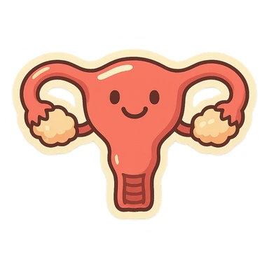 Retro stickers style variant of a uterus with a smile, soft rounded shapes, expressive contours, vintage color palette, light paper texture, shadows and highlights, transparent background. sticker