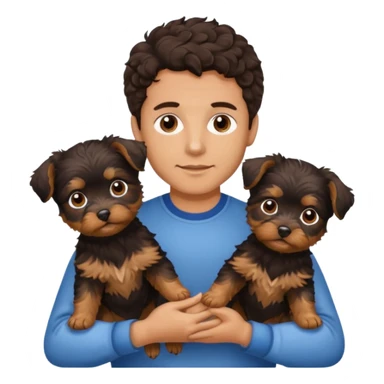 young man with dark brown curly hair, deep set eyes with two Yorkie puppies sticker