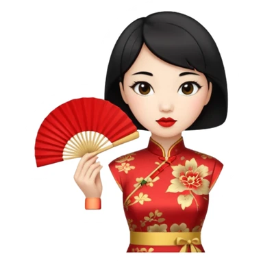 a chinese woman wearing a cheongsam holding a folding fan elegantly with fancy, red lipstick and short black hair sticker