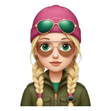 girl with pigtailed blond hair
with blue eyes and aviator sunglasses

wearing beanie
wearing (rose gold apple watch with forest green band) sticker
