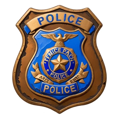 cinematic - aesthetic brilliant divine lighting, oil paint - antique police badge rusty, crumpled and broken sticker