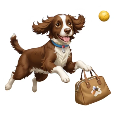 brown English springer spaniel jumping for joy on a Northumberland beach with a bag of balls sticker