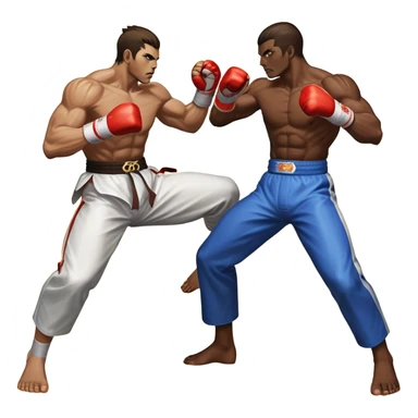 An icon showing two fighters in an intense battle, inspired by Tekken. The design features dynamic poses, with powerful punches and kicks, and a vibrant action-packed background. Health bars are visible at the bottom, showing each player’s status. Transparent background. sticker