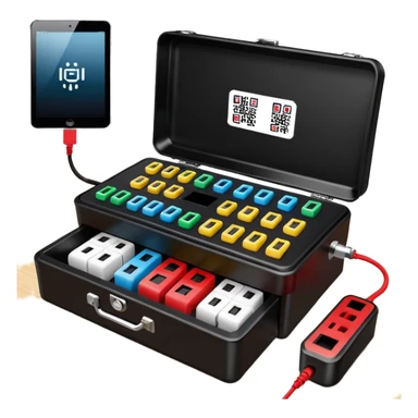 Open professional black testing case on wooden desk. Interior: control panel with colored sockets, USB ports, and power outlet. Inside: a roll of white QR-code calibration stickers.  red test probe.  sticker