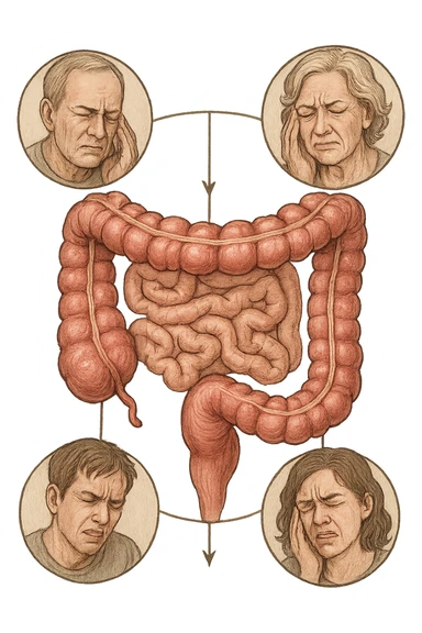 UNA SFILZA DI PARENTI TUTTE MALATE DI CANCRO AL COLON, SI TRAMANDO IL CANCRO NELLE GENERAZIONI, INTESTINO ANATOMICO VISIBILE ED ESPRESSIONE DI DOLORE IN VOLTO, MAL DI PANCIA sticker