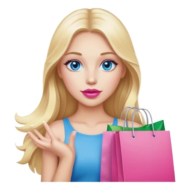 Cinematic realistic blonde with long hair, blue eyes and pink lips holds shopping bags in her hands sticker