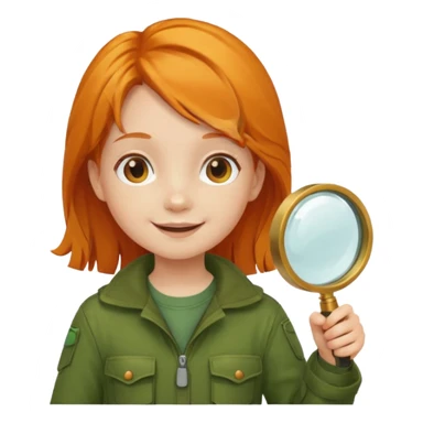 braid orange haired girl kid in moss green explorer outfit, holding magnifying glass, smile sticker