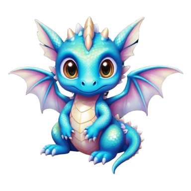 Airbrush painted image of an adorable little baby dragon with large glistening eyes sitting beside a tree under a deep galactic sky with pearlescent scales and wings spread against the stars sticker