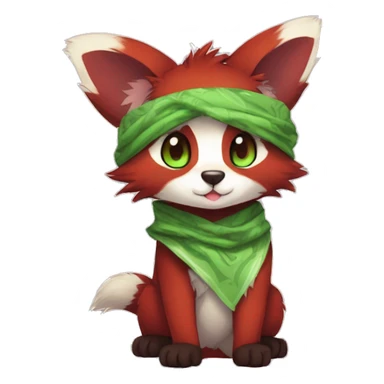 Cute, Chibi, Kemono-style, Anthro, Fur-Sona, Dark-Red, RedPanda-Mouse-hybrid-Transformice-Fakémon, with a green bandana, full body sticker