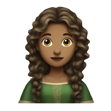 girl with brown long wavy hair, brown black eyes, green medieval dress sticker