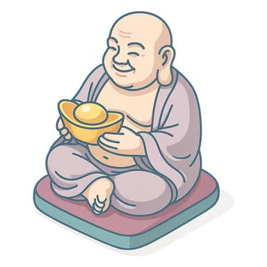 Хоттэй (Будда счастья) сидит на подушке, держит золотой китайский слиток (юаньбао), 2D isometric style, clean lines, sharper angles, high detail, pronounced shadows and highlights, minimalist eastern accent, pastel palette #98B5BC, #B5B3C1, #C9A3C9, #E4C0CA, #F7DCD1, #F7C0AA, transparent background sticker