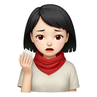 a pretty bratz fair girl crying in a loose oversized off white tshirt and red scarf with short black hair with a tissue box sticker