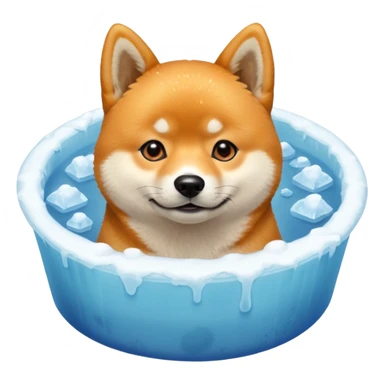 ice bath with a dog in id from wood round. write ice bath  on the ice bath and make it high quality. the dog is a shiba inu. the ice bath has a lot of ice and on the floor sticker