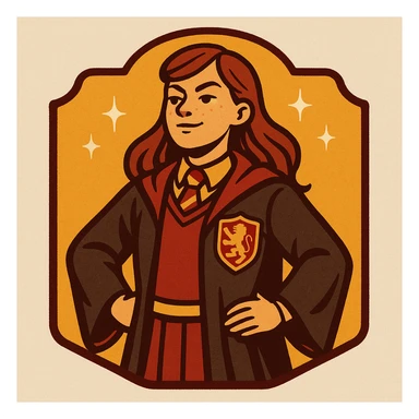 A stylized badge for Gryffindor's head girl, showing a girl in Hogwarts robes with a lion crest, bold red and gold colors, magical sparkles, and a sense of leadership. sticker