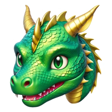 Cinematic Cute Dragon Portrait Emoji, Head tilted playfully and inquisitively, featuring a sleek, serpentine form adorned with iridescent scales that shift between emerald and gold, a delicate set of subtle horns, and round, sparkling eyes full of curious magic; rendered with realistic detail and warm natural light, high shine, affectionate and enchanting, styled with a touch of whimsical fantasy, soft glowing outline, capturing the essence of a mischievous yet lovable dragon that seems poised to slither playfully into your arms! sticker