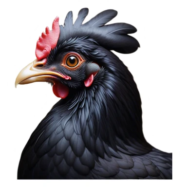 Cinematic Noble Black Chicken Portrait Emoji, Poised and regal, with a compact, sturdy build and a glossy, well-groomed pure black plumage, deep-set soulful beady eyes, Simplified yet sharp and sophisticated features, highly detailed, glowing with a soft, dignified glow, high shine, intelligent and alert, stylized with an air of mysterious elegance, focused and attentive, soft glowing outline, capturing the essence of a watchful and confident fowl, so majestic it feels as though it could strut out of the screen with effortless authority! sticker