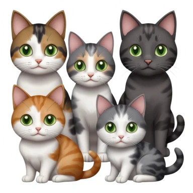 4 different coloured small cats including a dark grey and white, and a patchy calico, and a brown tabby and white,  and a completely solid dark grey with green eyes and only white paws sticker