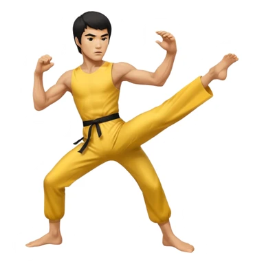 fierce Bruce Lee, high kick, determined face, yellow jumpsuit sticker