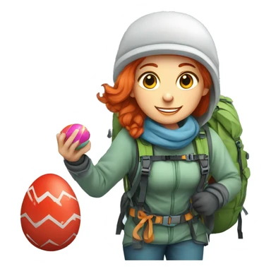 Female winter mountain climber red hair climbing, Greek flag on backpack and holding Easter eggs basket sticker