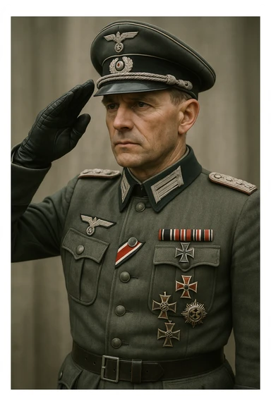 World War II German officer saluting, detailed uniform with medals, historically accurate, realistic style sticker