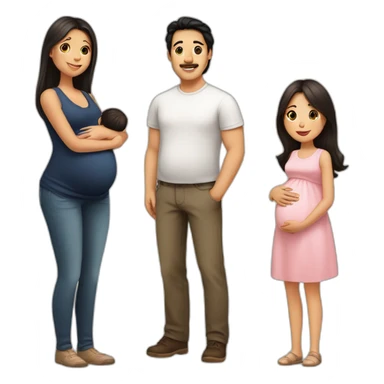 dad with black hair, pregnant mum with long brown hair, baby girl with light brown hair sticker
