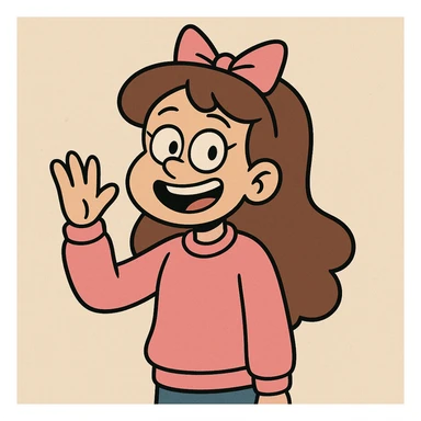 a happy girl waving, dressed in a pink sweatshirt, with a bow on her head, cartoon style sticker