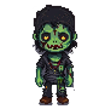 zombie boy with black hair and brown eyes, third distinct style, pixel art, creative sticker