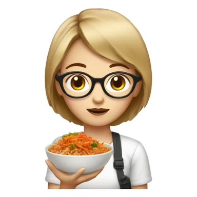 A girl with short hair and glasses eating Kimchi fried rice with extra kimchi on top sticker
