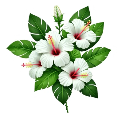 bouquet white Hawaiian hibiscus, luxuriant, stem, leaf, bud sticker