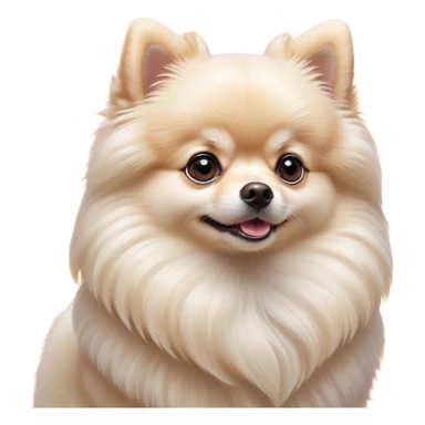 Cinematic Cute Cream Pomeranian Portrait Emoji, Head tilted playfully and inquisitively, featuring a luxurious, fluffy cream Fur with a natural sheen, round, sparkling dark eyes filled with curiosity, Simplified yet irresistibly adorable features, highly detailed, glowing with a warm, friendly glow, high shine, affectionate and lively, stylized with a touch of whimsy, bright and endearing, soft glowing outline, capturing the essence of a mischievous yet loving pup, so playful it feels like it could scamper out of the screen and into your arms! sticker