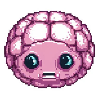 16-bit pixel art of a pink brain-shaped blob with sad droopy eyes and downturned mouth, smooth rounded brain texture, simple retro gaming style sticker