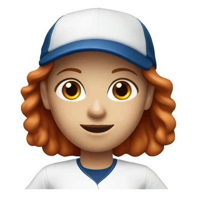 a standing white female coach with long red hair, wearing a white t-shirt and a simple blue baseball hat, in a friendly and confident pose sticker