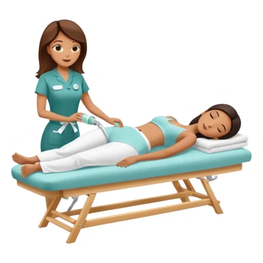 Emoji of a woman lying down on a spa bed while another woman in spa uniform applies a cavitation fat-burning treatment on her abdomen,  sticker