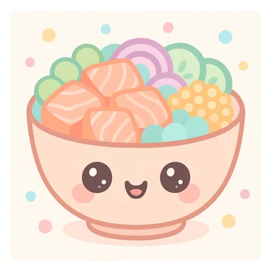 salmon poke bowl with cute face on bowl, bright colors, playful, simple background, kawaii style sticker