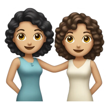 tan mid-sized woman with black curly hair shakes hands with a mid-sized pale woman who has straight brown hair sticker