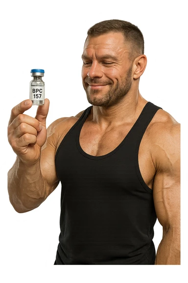 BODYBUILDER A FIGURA INTERA CHE TIENE IN MANO UNA FIALA MEDICA CON la scritta "BPC 157" SULL'ETICHETTA E LA GUARDA SODDISFATTO, iperrealistico 4k sticker