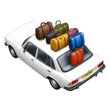 a white peugeot 504 with colorful luggage on the roof sticker