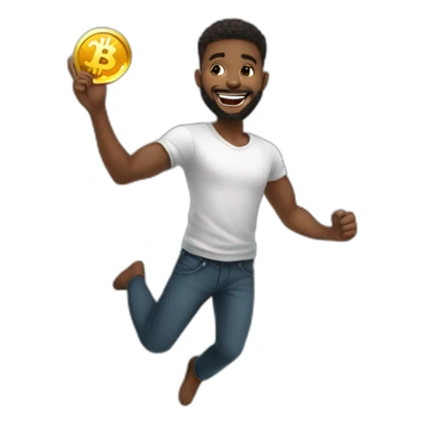 A young black man with beards jumping up with joy while holding a bitcoin in his hand sticker