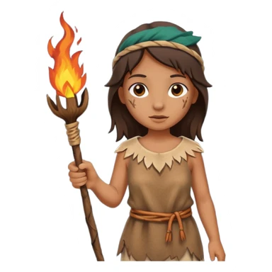 ancient girl, tattered animal skin cloth, hold fire stick sticker