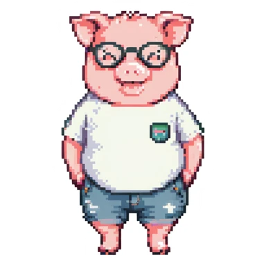 chubby baby pig wearing round glasses, colorful short-sleeve t-shirt, cute shorts, standing and smiling, pixel art emoji style, 32x32, bright and cheerful colors, kawaii style sticker
