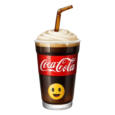 plastic cup made from a cut Coca-Cola bottle, with fernet and cocacola, black drink and blonde foam, emoji style sticker