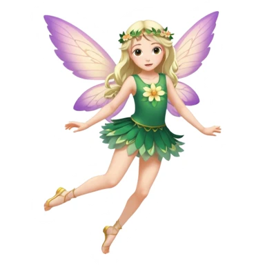 A winged flower fairy white skin girl, wearing a short skirt, one leg straight and the other bent, her body tilted, in a flying pose. sticker