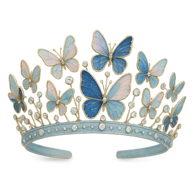 butterfly crown with a baby blue base, butterflies in pastel and deep blue enamel, sparkling gems sticker