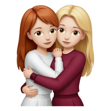 two girls who hug eachother. one has auburn hair with blonde highlights and very pale skin and is wearing white outfit, other has medium-fair skin and blonde hair and is wearing a burgundy outfit sticker
