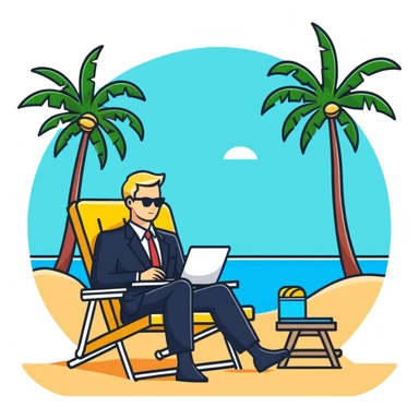 blonde man in business suit sitting on beach chair, vacation setting with palm trees sticker