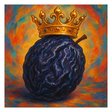prune fruit with a crown, detailed, vibrant colors sticker