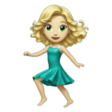 slim blonde wavy long hair girl dancing in teal pattern dress sticker