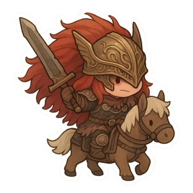 Starscourge Radahn stylized as a chibi character, oversized helmet, red hair, riding a small horse, cute and fierce, fantasy vibe sticker
